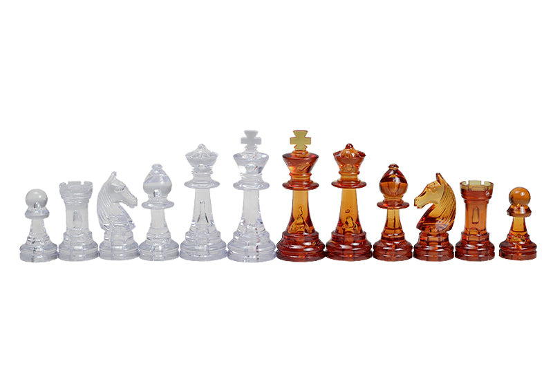 Les pièces d'échecs en plastique transparentes et ambrées de taille 6 dans un poly-sac (roi 96 mm) - Les pièces d'échecs en plastique transparentes et ambrées de taille 6 dans un poly-sac (roi 96 mm)