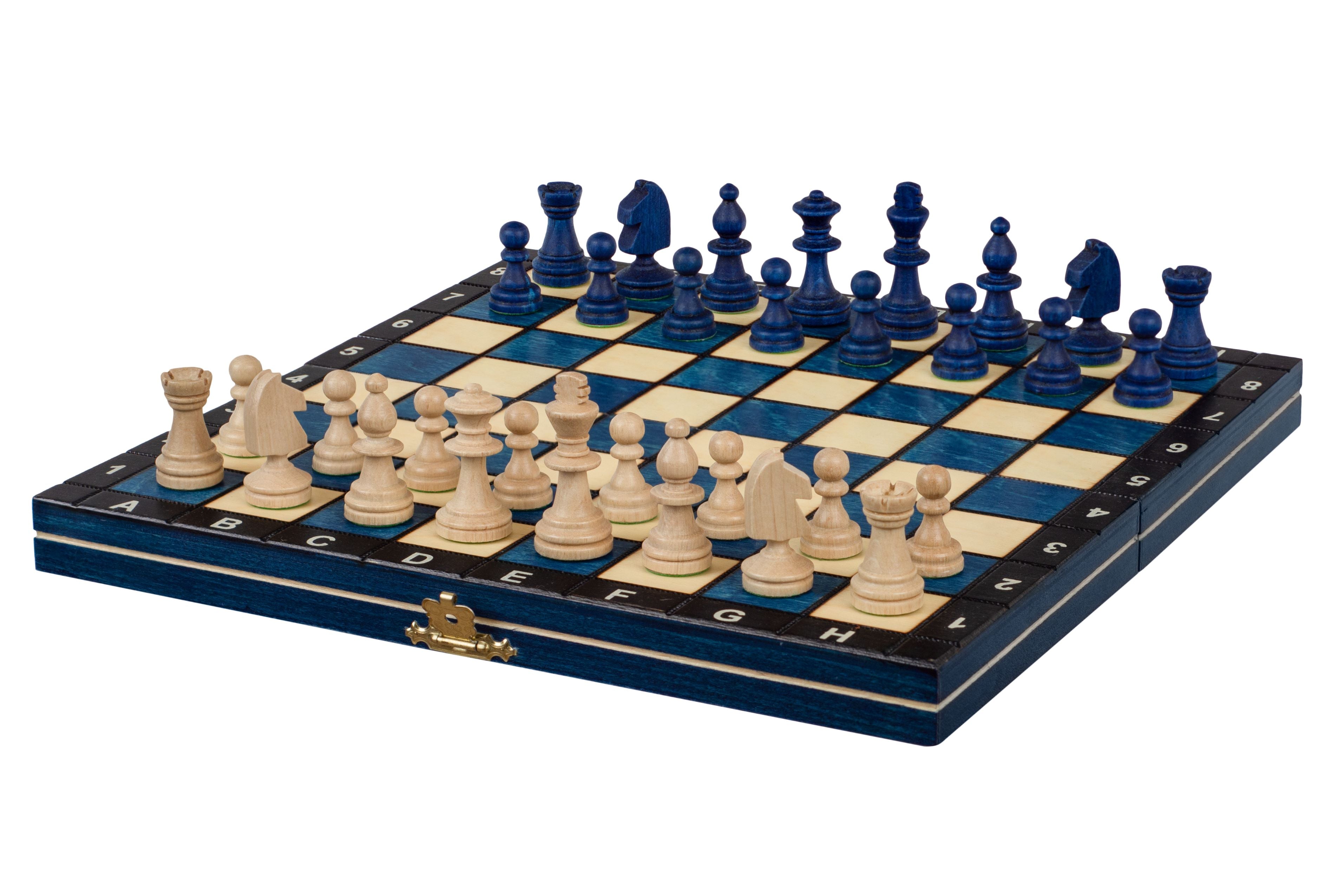Jeu d'échecs MAGNETIQUE Bleu pliant en bois de charme de petite taille (27 x 27cm) - Ensemble Complet - Jeu d'échecs MAGNETIQUE Bleu pliant en bois de charme de petite taille (27 x 27cm) - Ensemble Complet