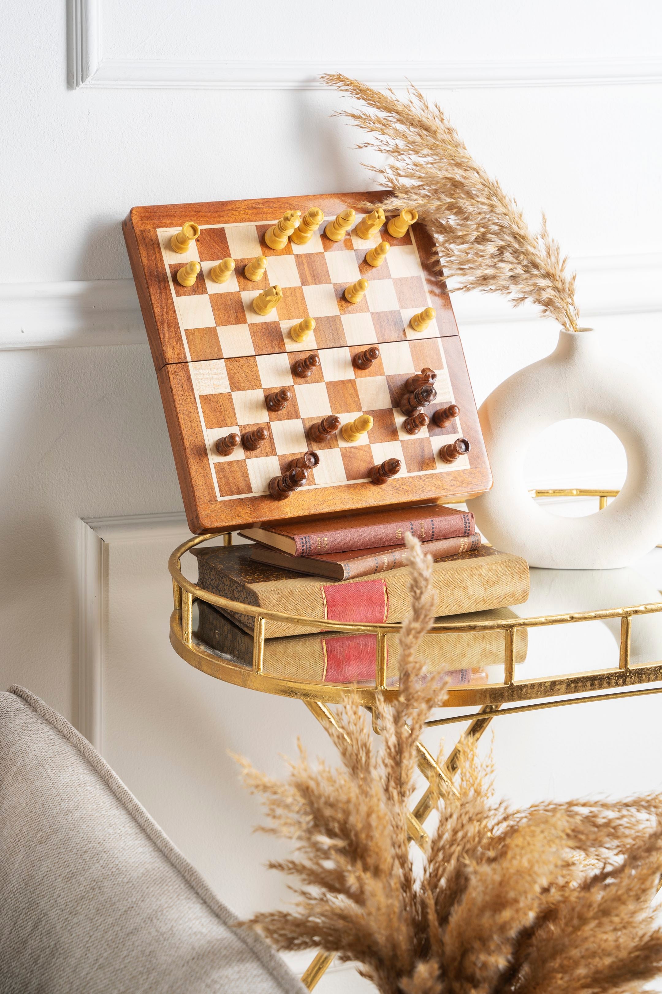 Jeu d'échecs Magnétique Pliant en bois d'acacia et buis de petite taille (18x18cm) - fa8fb26e67e6075fdf78b719254c2b13