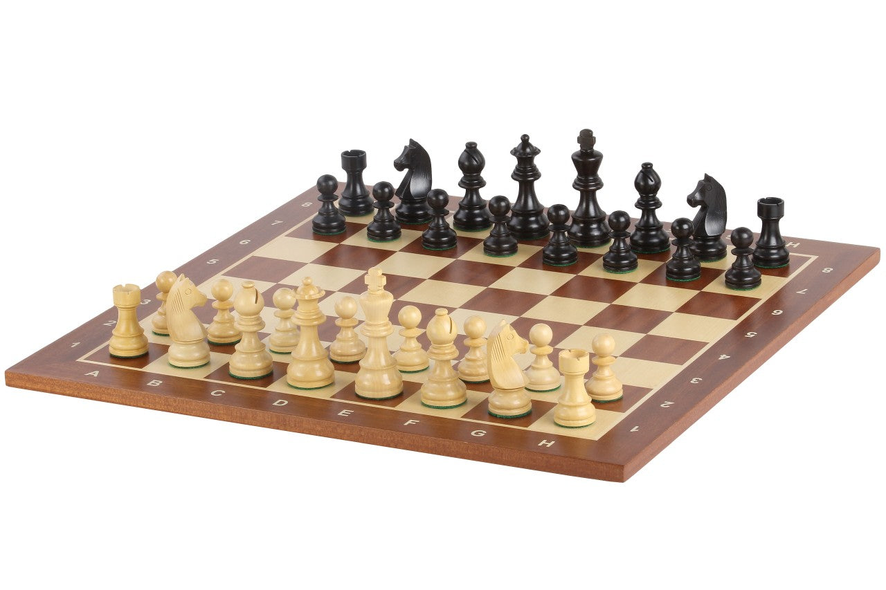 Échiquier avec coordonnées en marqueterie de bois d'acajou et sycomore + Pièces d'échecs Timeless Ebonized - Ensemble de taille 6 - Échiquier avec coordonnées en marqueterie de bois d'acajou et sycomore + Pièces d'échecs Timeless Ebonized - Ensemble de taille 6