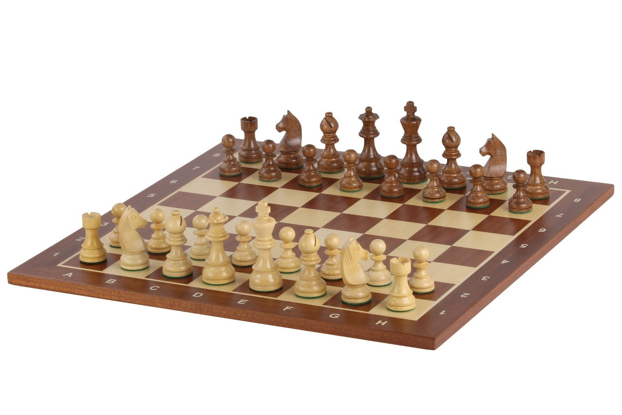 Échiquier avec coordonnées en marqueterie de bois d'acajou et sycomore + Pièces d'échecs Timeless Acacia - Ensemble de taille 5 - Échiquier avec coordonnées en marqueterie de bois d'acajou et sycomore + Pièces d'échecs Timeless Acacia - Ensemble de taille 5