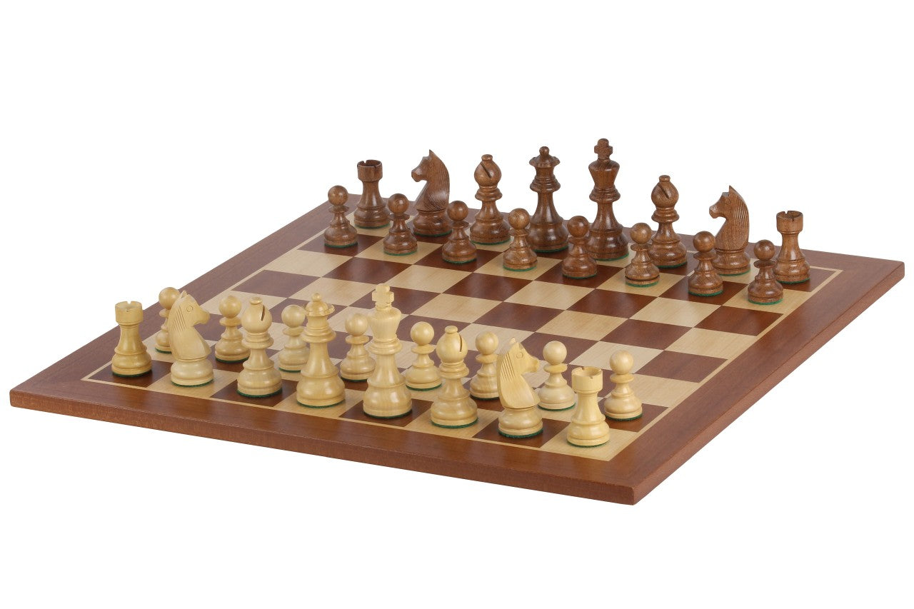 Échiquier en marqueterie de bois d'acajou et sycomore + Pièces d'échecs Timeless Acacia - Ensemble de taille 6 - Échiquier en marqueterie de bois d'acajou et sycomore + Pièces d'échecs Timeless Acacia - Ensemble de taille 6