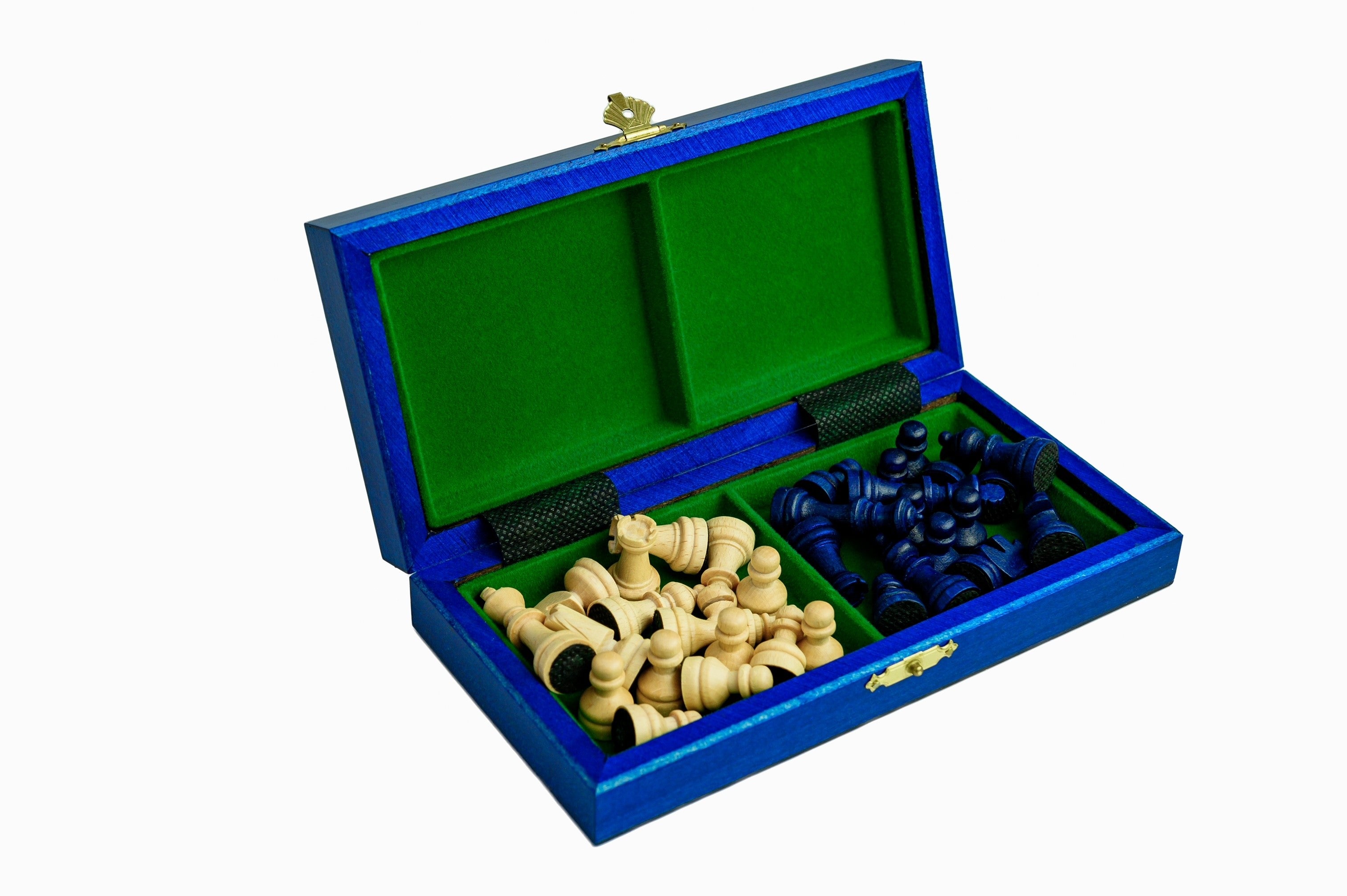 Jeu d'échecs MAGNETIQUE MINI Blue en bois de charme, pliant, de petite taille (20 x 20cm) - Ensemble Complet - Jeu d'échecs MAGNETIQUE MINI Blue en bois de charme, pliant, de petite taille (20 x 20cm) - Ensemble Complet