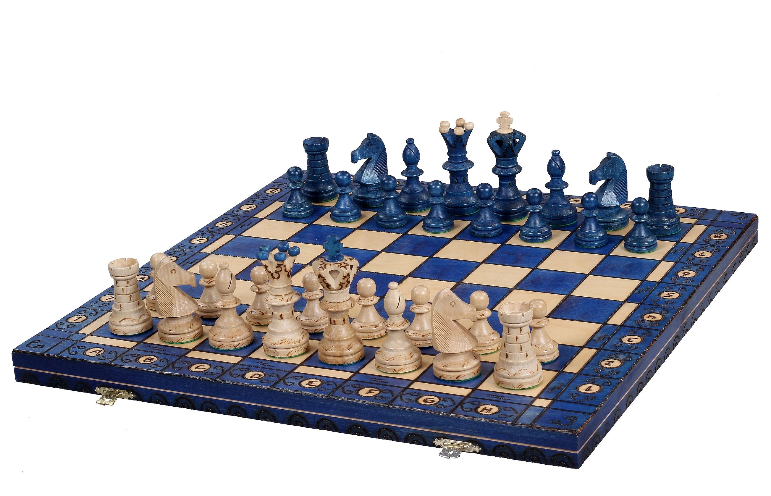 Juego de ajedrez de madera plegable con tablero azul 54 cm Valencia - Juego de ajedrez de madera plegable con tablero azul 54 cm Valencia