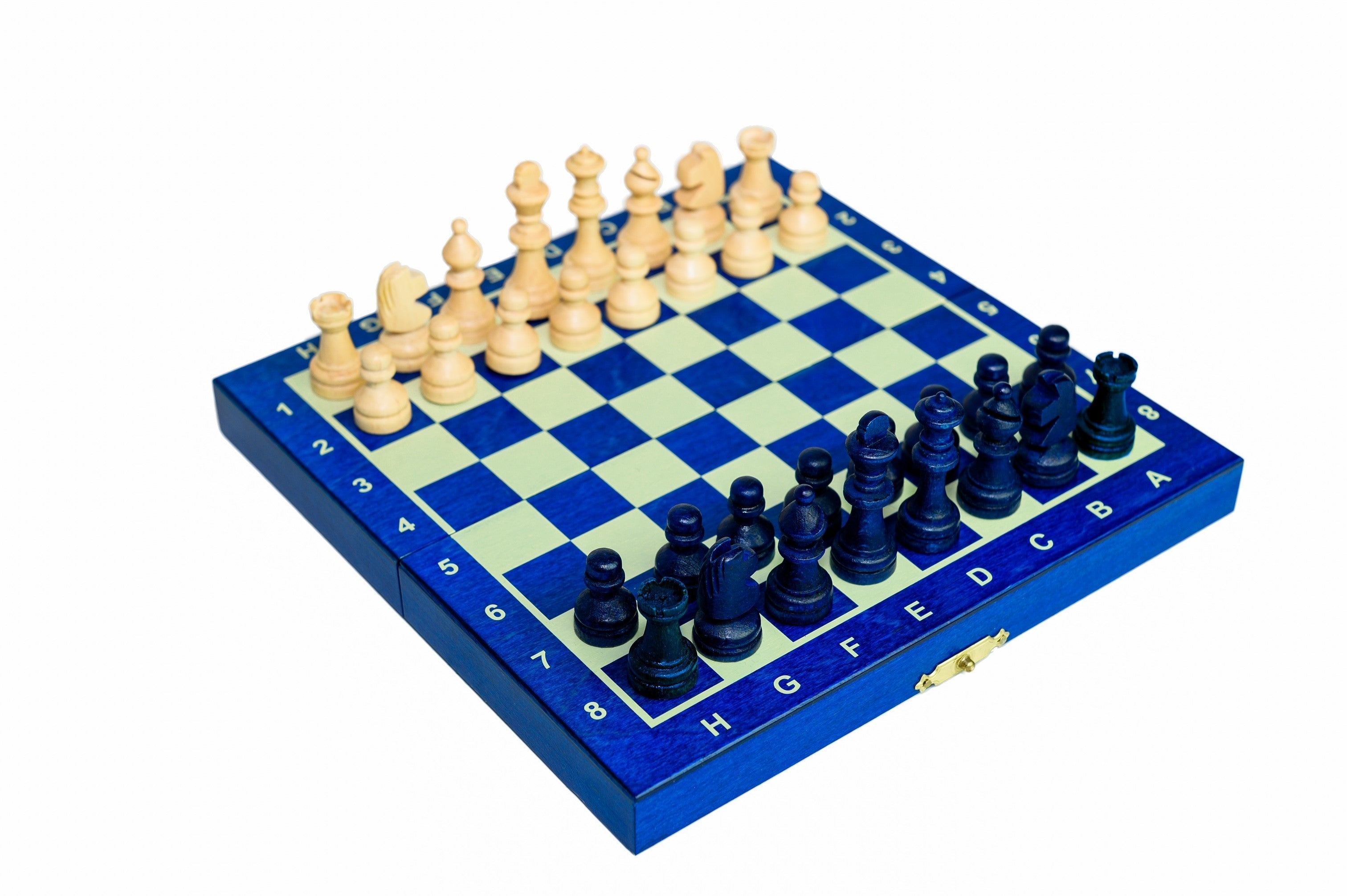 Jeu d'échecs MAGNETIQUE MINI Blue en bois de charme, pliant, de petite taille (20 x 20cm) - Ensemble Complet - Jeu d'échecs MAGNETIQUE MINI Blue en bois de charme, pliant, de petite taille (20 x 20cm) - Ensemble Complet
