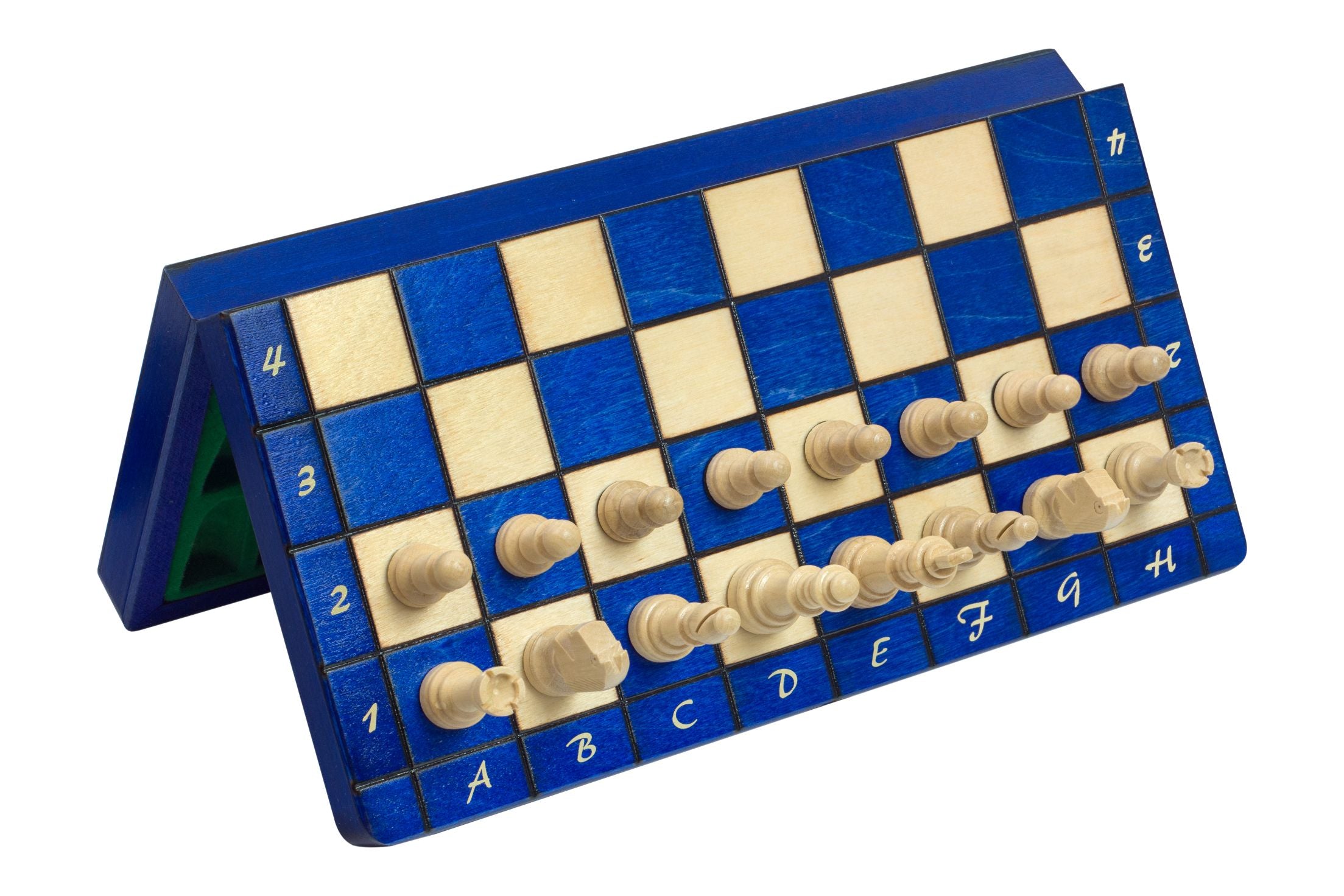 Jeu d'échecs MAGNETIQUE en bois de charme, pliant, de petite taille (28 x 28cm) - Ensemble Complet, couleur bleue - Jeu d'échecs MAGNETIQUE en bois de charme, pliant, de petite taille (28 x 28cm) - Ensemble Complet, couleur bleue