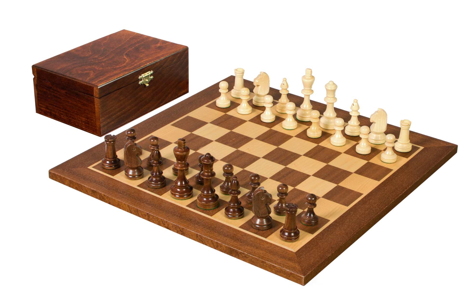 Jeu d'échecs de tournoi de Taille 4 - échiquier acajou/sycomore + figurines Sunrise Staunton + boîte de rangement en bois foncé - 62d01bc1eadf4ea3bf102b6ab5e4c2b1