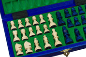 Jeu d'échecs MAGNETIQUE en bois de charme, pliant, de petite taille (28 x 28cm) - Ensemble Complet, couleur bleue