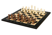 Jeu d'échecs de tournoi de Taille 4 - échiquier noir en marqueterie de bois sycomore + figurines Sunrise Staunton
