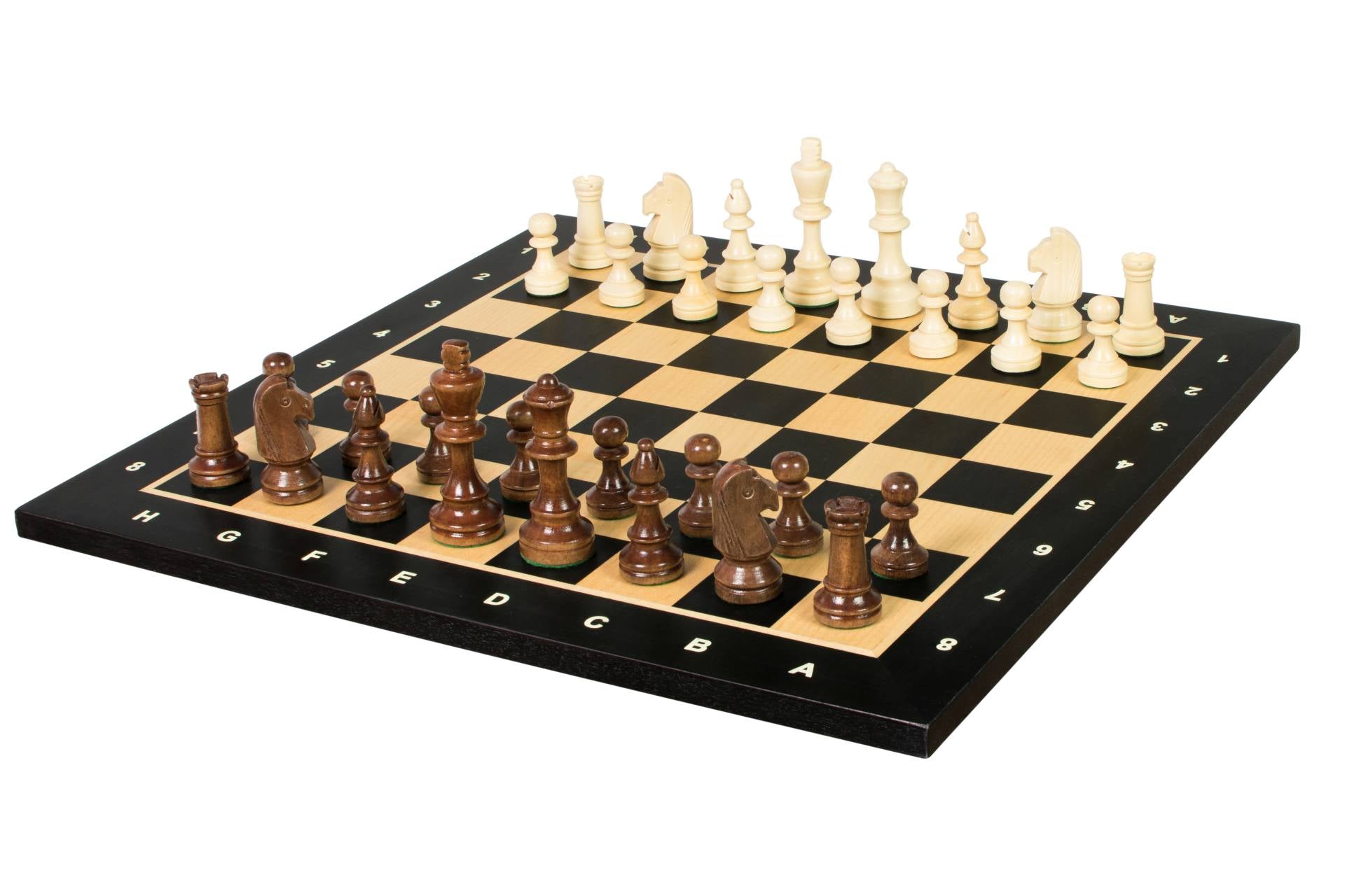 Jeu d'échecs de tournoi de Taille 4 - échiquier noir avec coordonneés en marqueterie de bois sycomore + figurines Sunrise Staunton - Jeu d'échecs de tournoi de Taille 4 - échiquier noir avec coordonneés en marqueterie de bois sycomore + figurines Sunrise Staunton
