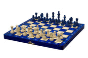 Jeu d'échecs MAGNETIQUE en bois de charme, pliant, de petite taille (28 x 28cm) - Ensemble Complet, couleur bleue