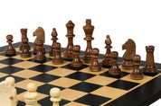 Jeu d'échecs de tournoi de Taille 4 - échiquier noir en marqueterie de bois sycomore + figurines Sunrise Staunton
