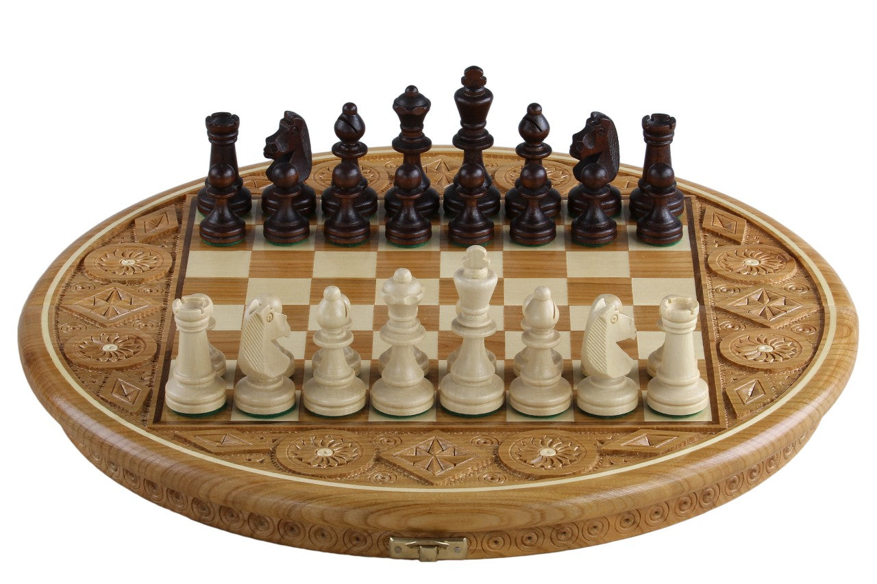 Jeu d'échecs RUBIN en bois de cerisier sauvage avec l'échiquier rond marqueté de bois de ceriser et sycomore, de petite taille (33cm) - Ensemble Complet - 46d7c720acf67b5888aa4f43e4d68a6a