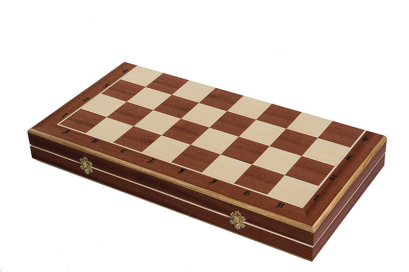 Jeu d'échecs en bois sculpté DU CHÂTEAU de grande taille (60 x 60 cm) avec l'échiquier en marqueterie de bois d'acajou et sycomore - 904a4c969fbd58428c7979e55858b086