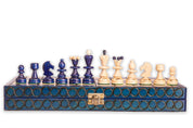 Jeu d'échecs PEARL Blue en bois de hêtre, de taille moyenne (36 x 36cm) - Ensemble Complet couleur bleue