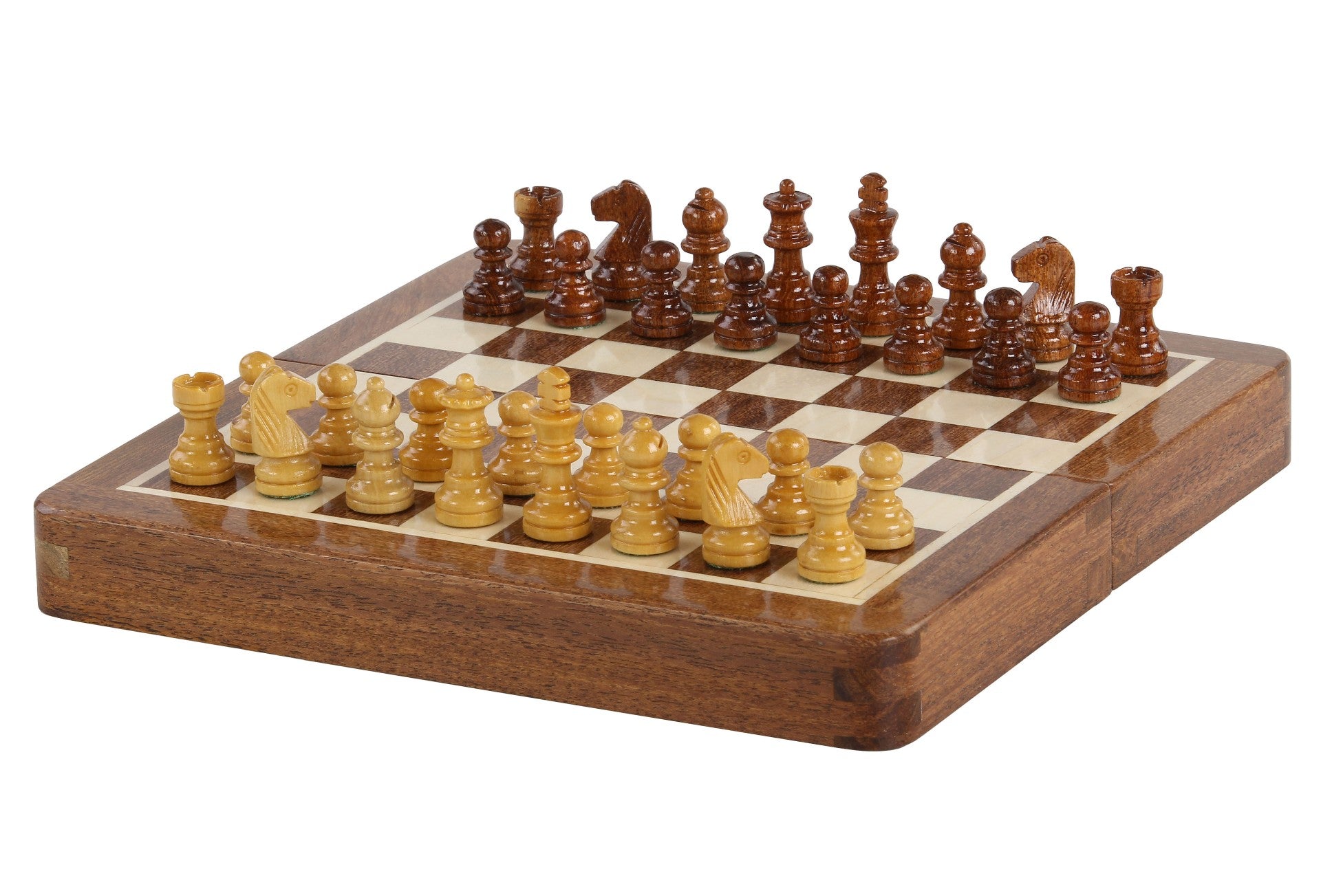 Jeu d'échecs Magnétique Pliant en bois d'acacia et buis de petite taille (18x18cm) - 46085352fe05ca81b6546432055311e4