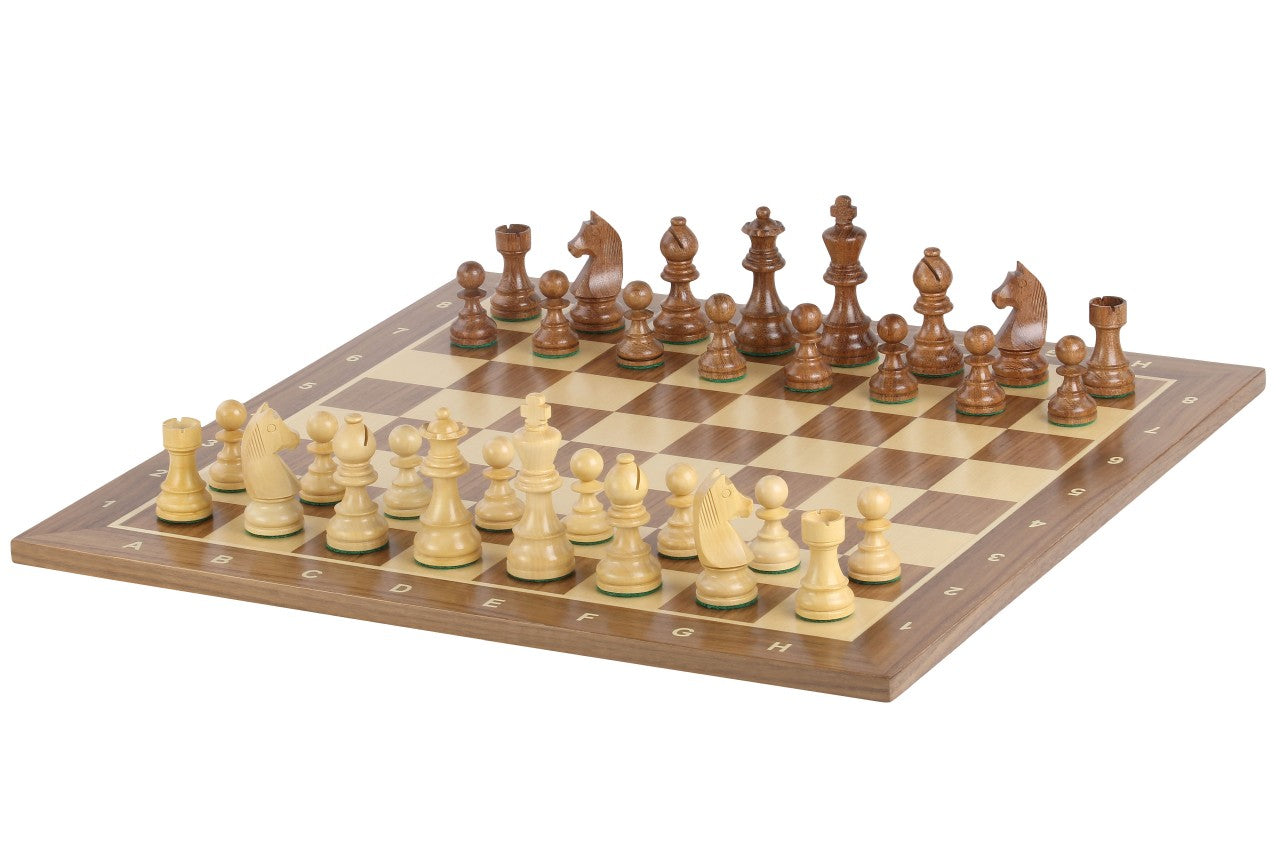 Échiquier avec coordonnées en marqueterie de bois de noyer et sycomore  + Pièces d'échecs Timeless Acacia - Ensemble de taille 6 - Échiquier avec coordonnées en marqueterie de bois de noyer et sycomore  + Pièces d'échecs Timeless Acacia - Ensemble de taille 6