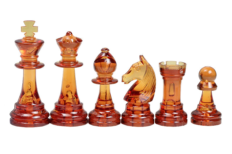 Les pièces d'échecs en plastique transparentes et ambrées de taille 6 dans un poly-sac  (roi 96 mm) - Les pièces d'échecs en plastique transparentes et ambrées de taille 6 dans un poly-sac  (roi 96 mm)